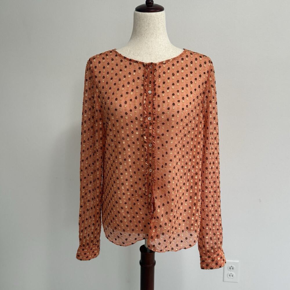 ASPESI Top‎ Blouse Orange Polka Dot 100% Silk Long Sleeves Collared Sz 46 M/L